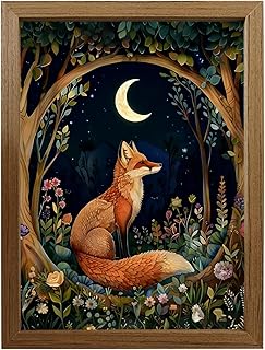 Framed Cottagecore Fox Wall Art 8x10 Inch, Wooden Frame Canvas Print with Stand & Hanging Kit, Vintage Moonlit Forest Animal Botanical Decor for Bedroom Living Room Nursery