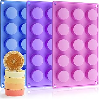 Round Soap Molds Silicone Cylinder 3 Packs 15 Cavities for Snacks Candy Cookie Small Wax Melts Lotion Bars, Baking Circle Non-stick Tray Round Mold BPA Free Food Grade Homemade DIY