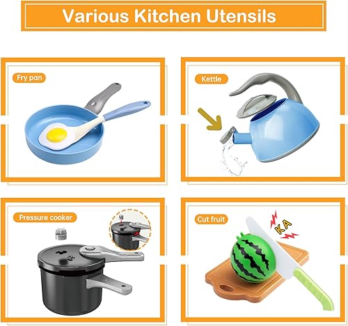 Miniatura 31 de Juego de cocina de 130 piezas, ollas de juego de cocina para niños, sartenes, utensilios de cocina, alimentos diarios, frutas y verduras, cesta