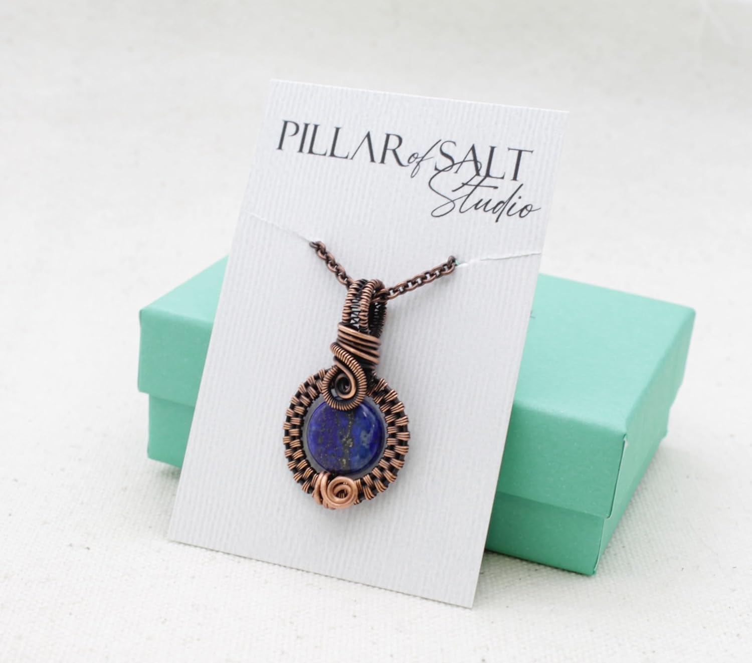 Pillar of Salt Studio Handcrafted Lapis Lazuli Gemstone Pendant Copper Woven Wire Necklace (18" Chain)