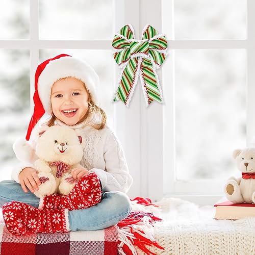 Miniatura 5 de Waline - Cinta de Navidad con borde con alambre, rayas rojas, verdes, borde blanco sin procesar, cinta decorativa de arpillera para envolver