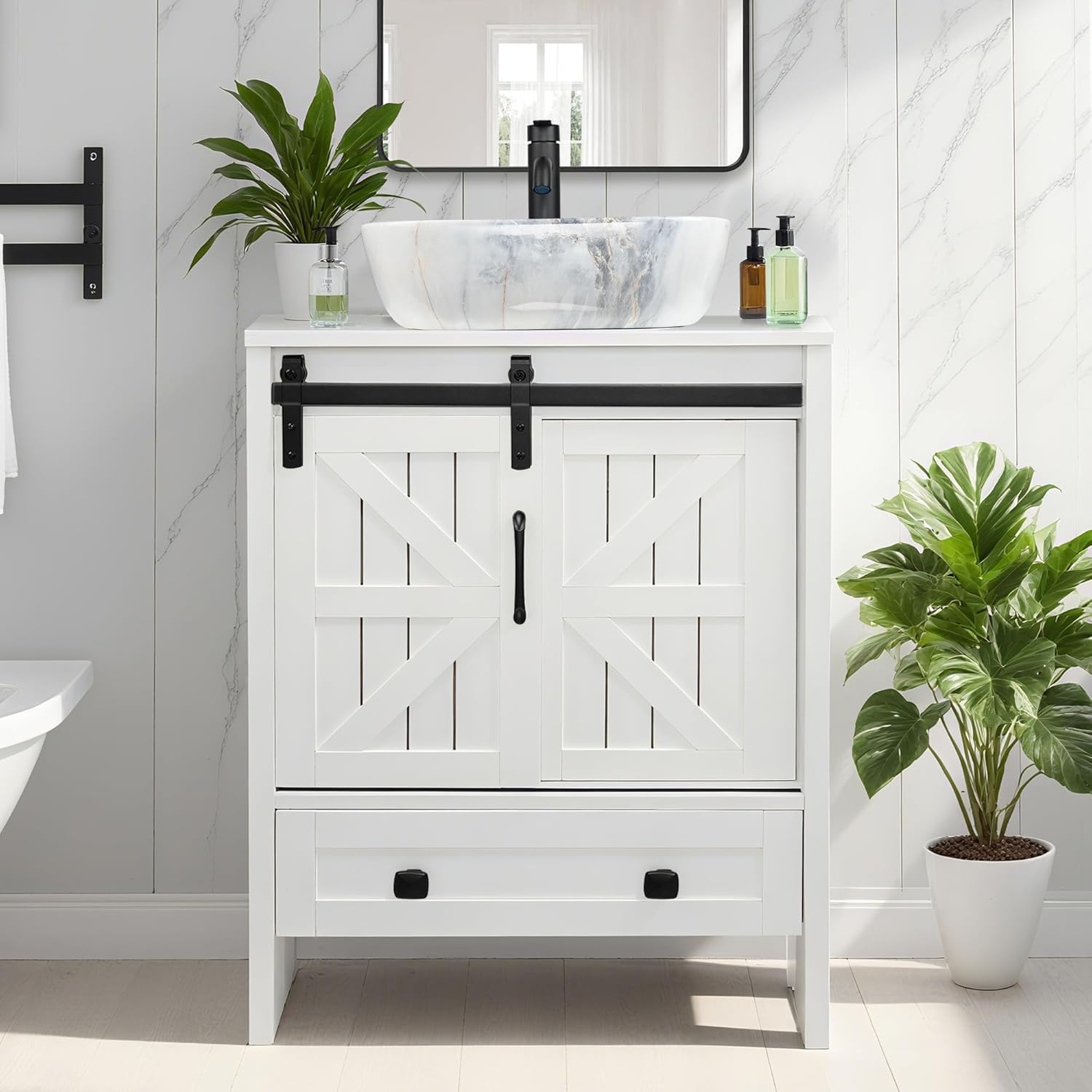 Findepot 24 inch Farmhouse Bathroom Vanity with Sink, White MDF Small Bathroom Vanity Sink Combo, White Marble Ceramic Vessel Sink, Including 10 Optional Above-Counter Basins (Include Faucet)