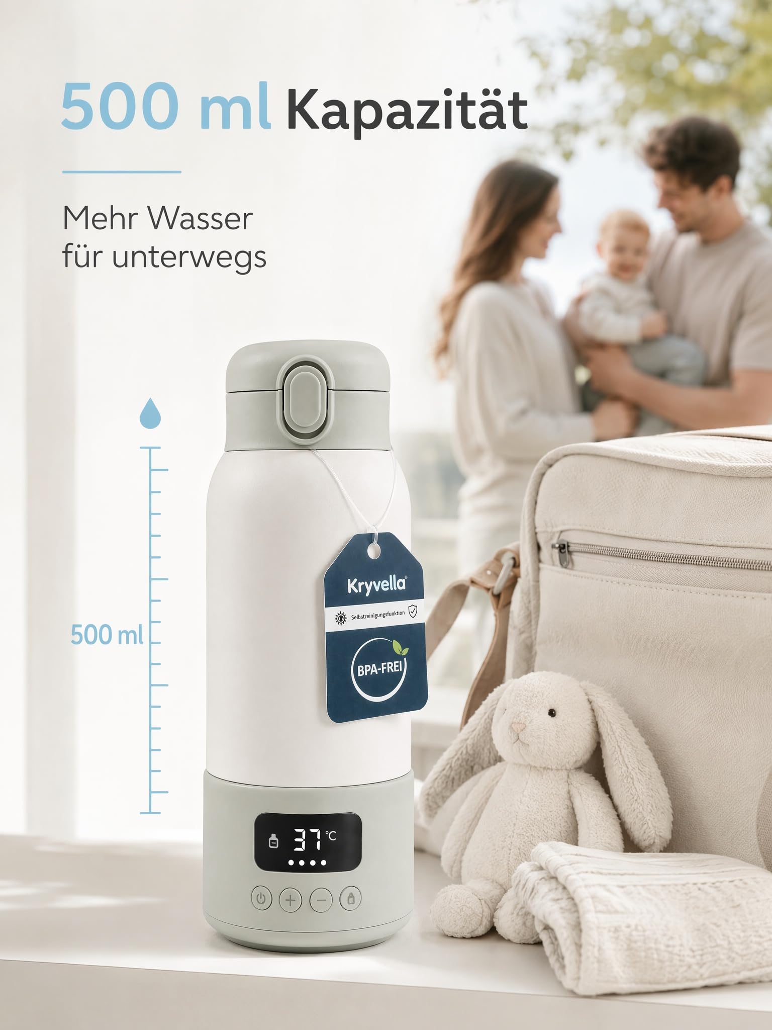 Flaschenwärmer Baby unterwegs mit Akku, tragbar, 500ml für Wasser & Milch | 316 Edelstahl Innenbehälter, präzise Temperaturregelung 35-70°C, 24h Warmhaltefunktion und USB-C Schnellladung