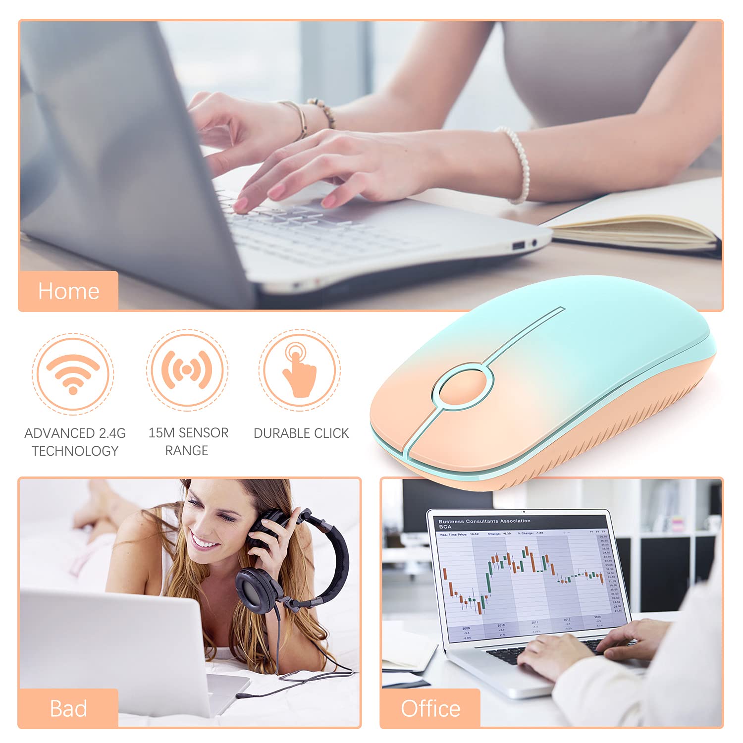VssoPlor Wireless Mouse, 2.4G Slim Portable Computer Laptop Mouse with Nano Receiver Quiet Silent Optical Mice for Notebook, PC, Laptop, Computer-: Orange to Green