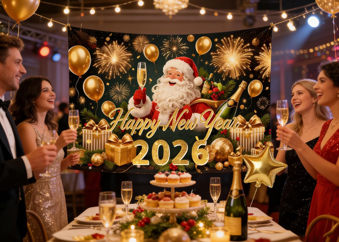 wolada 2026 happy new year photography backdrop santa claus with champagne gold balloons fireworks gifts background for new year's eve party photoshoot decorations 82.68x59.06 inches fw156