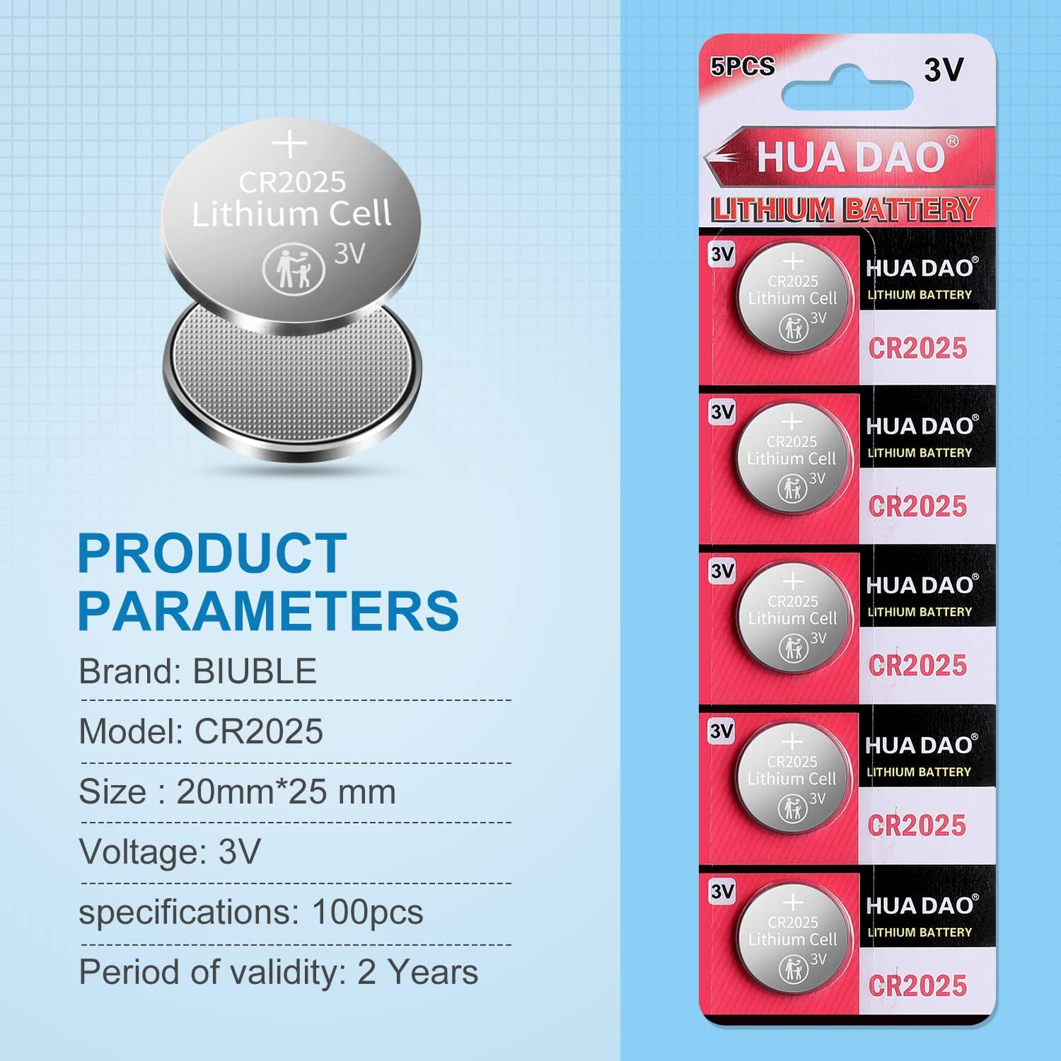 Image displaying product parameters for BIUBLE CR2025 Lithium Cell, including brand, model, size, voltage, specifications, and validity period.
