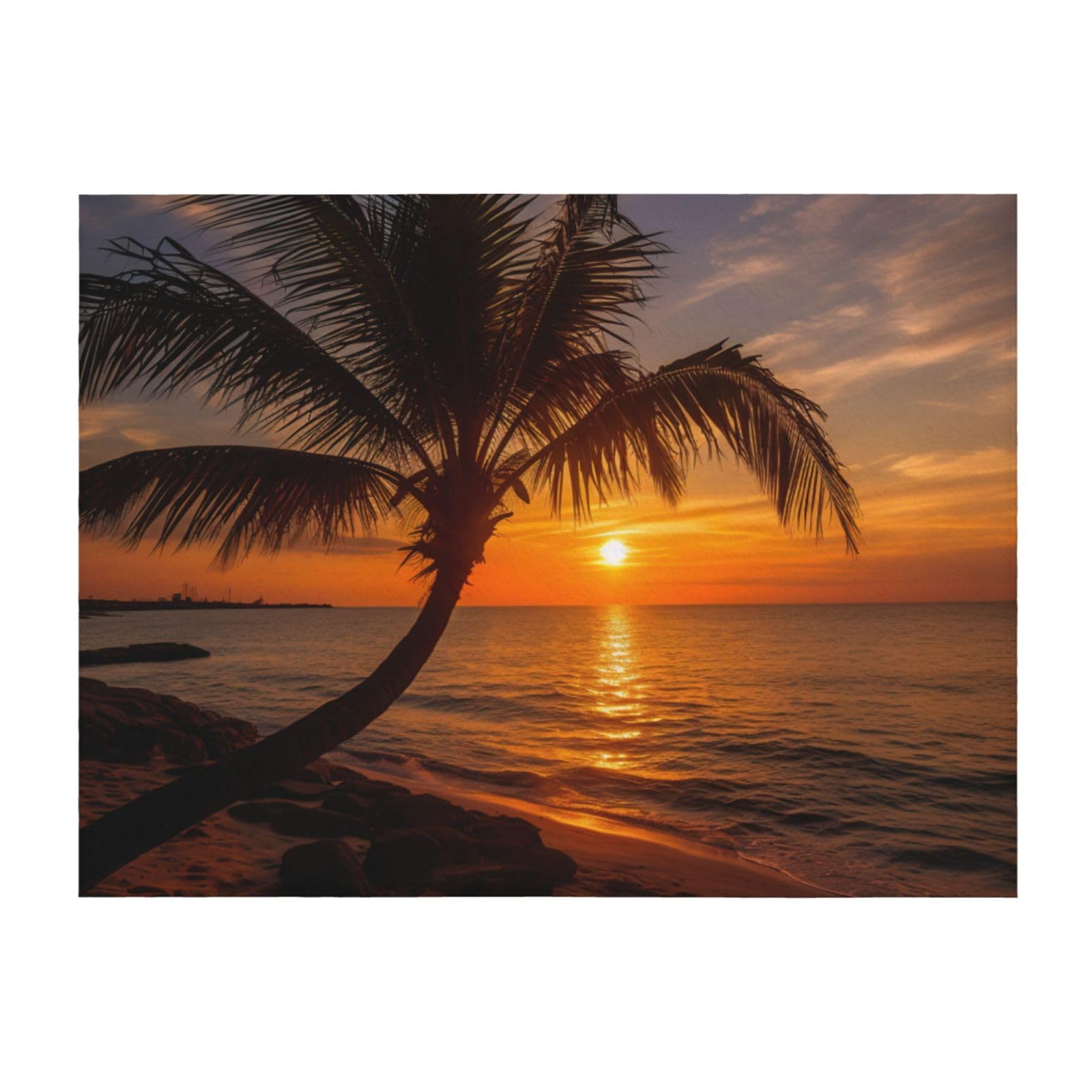 Couverture légère palmier et coucher de soleil pour lit et canapé toutes saisons