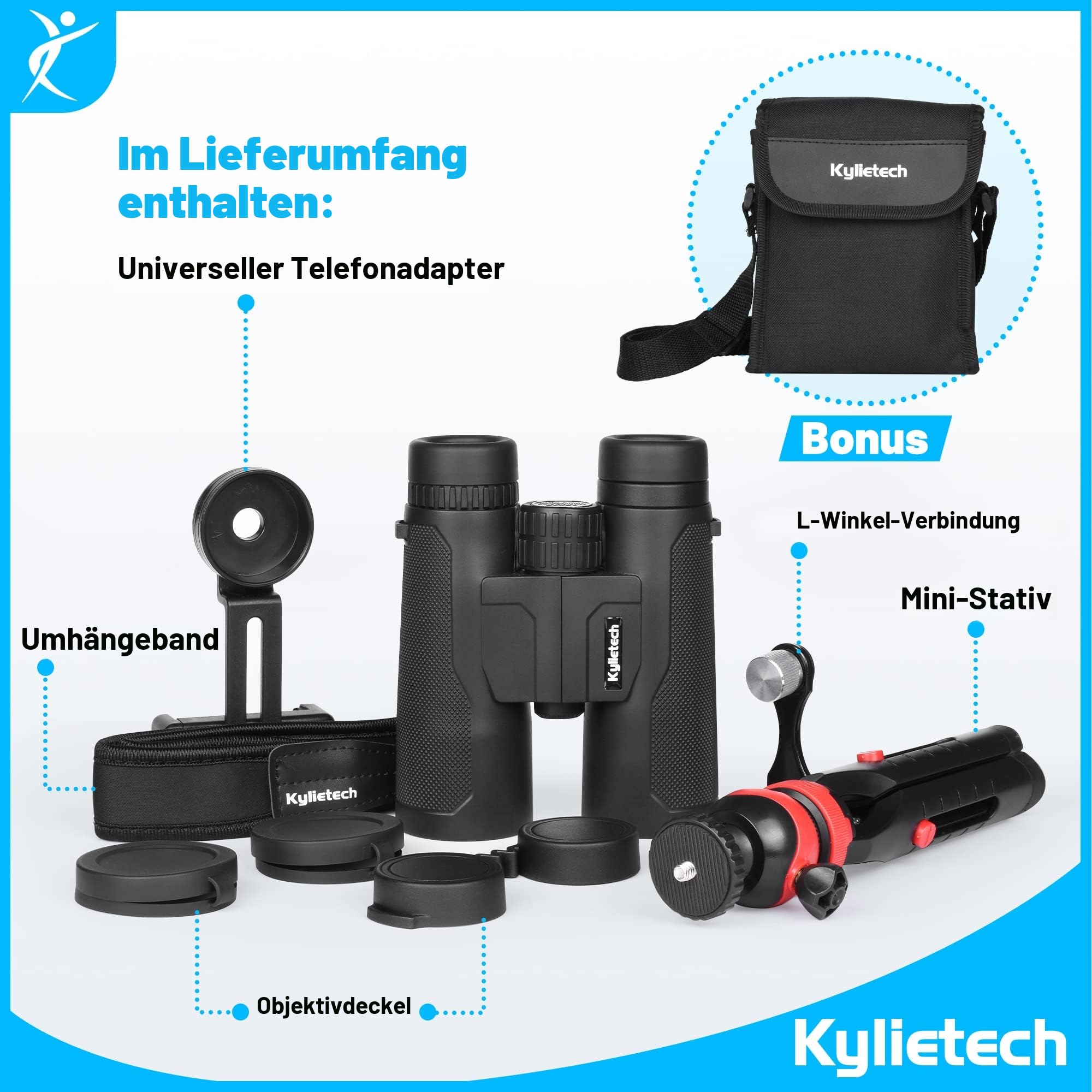 Fernglas für Erwachsene, Kylietech 12x42 Ferngläser mit Stativ, Wasserdichtes Vogelbeobachtungs Fernglas mit BaK-4-Prismen, FMC-Objektiv, Telefonadapter für Fotografie, Sternenbeobachtung