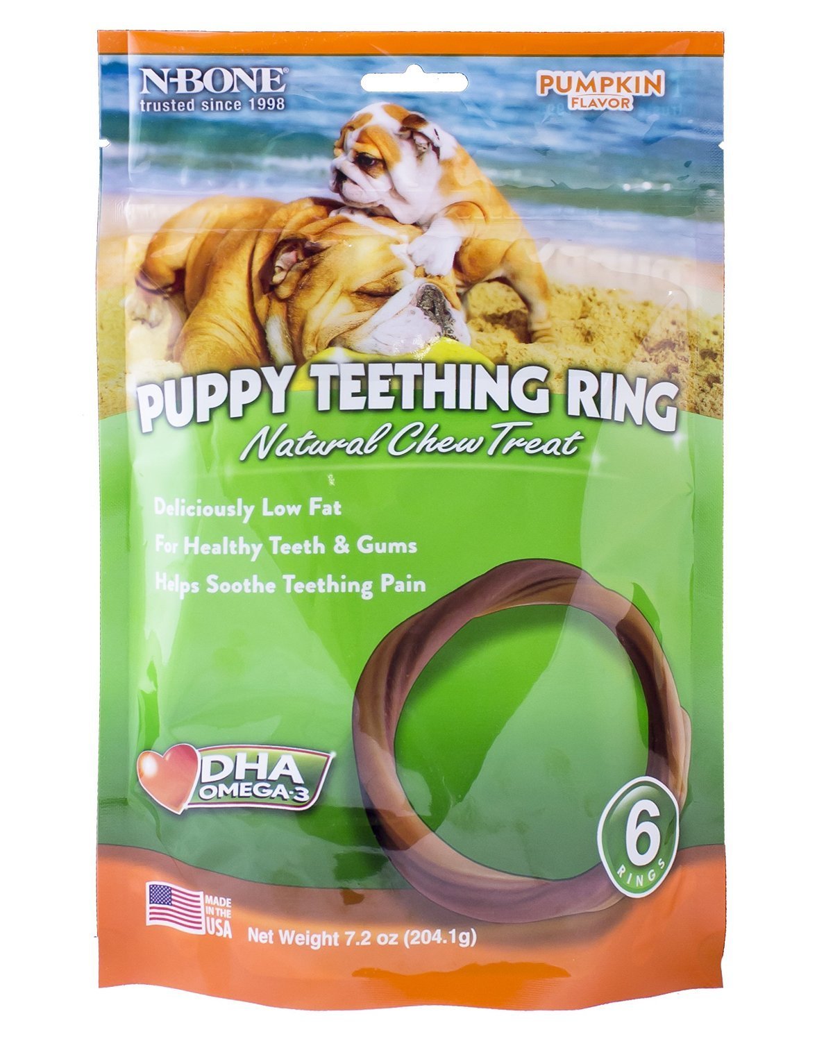 N-Bone Puppy Teething Ring Pumpkin Delicious Low Fat Chew Treats 6 PK - 4 Pack