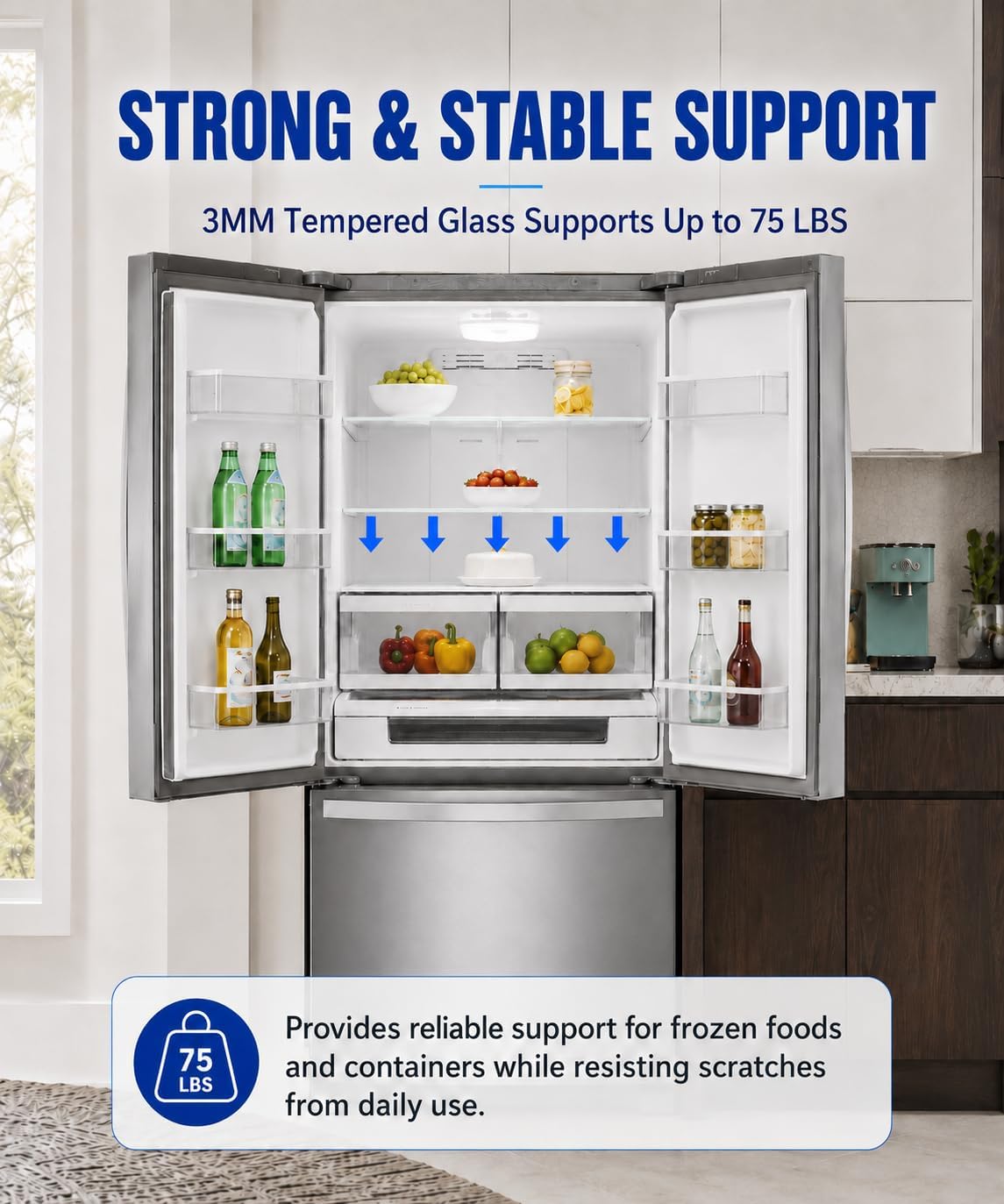 W11130202 Freezer Glass Shelf Replacement for Whirlpool WRS571CIHZ, Refrigerator Glass Shelf Parts, Side by Side Freezer Tempered Glass Shelf WRS571CIHZ04, WRS571CIHZ01, W10527848, 4545865