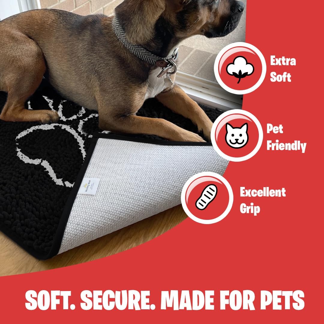 MUDGUARD MAT™ Dog Door Mat with Paw Design for Muddy Paws, Super Absorbent Microfiber, Non-Slip Indoor Mat, Quick-Dry Chenille Rug for Pets & Entryway, Machine Washable, Black 36" x 60"