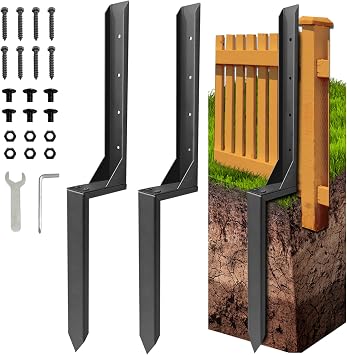 Fence Post Repair Kit, Thickened Heavy Duty Fence Post Anchor Stakes for Repair Tilted, Broken Wood Posts Support Black, 2 Pack