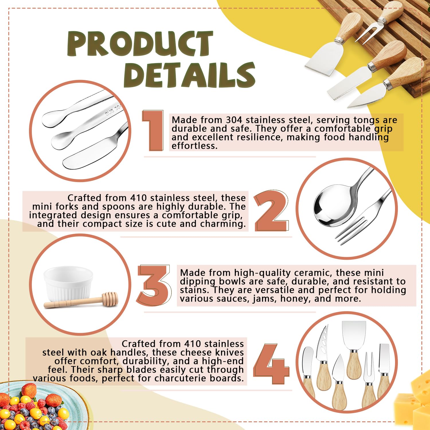 Charcuterie Boards Accessories Charcuterie Utensils Cheese Butter Spreader Knife Set Small Serving Tongs Forks and Spoons Dipping Bowls Honey Dippers Toothpick Flags for Party Platter Making: Silver