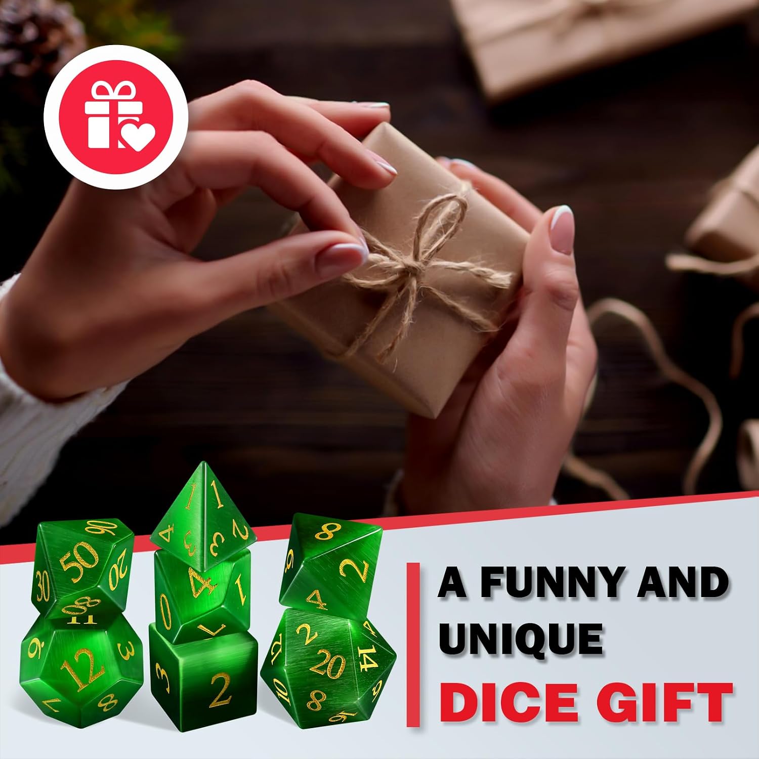 LUCKY-M Gemstone DND Dice Set, Cat Eye Stone Dice for Dungeons and Dragons, Handmade Dice RPG Dice Sets D&D Accessories Gift (Green)