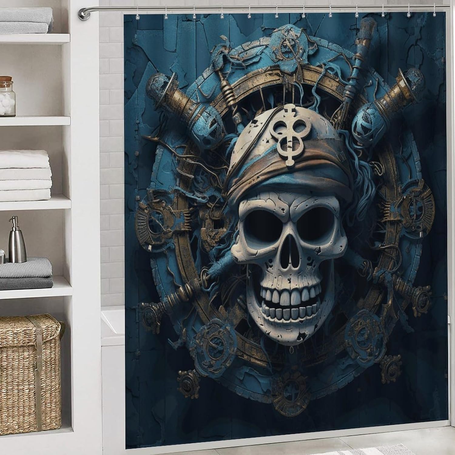 Skeleton Pirate Shower Curtain Set 4 Piece, Non-Slip Bath Mat with Toilet Lid Cover and Waterproof Shower Curtain with 12 Hooks, Complete Bathroom Set for Home Decor
