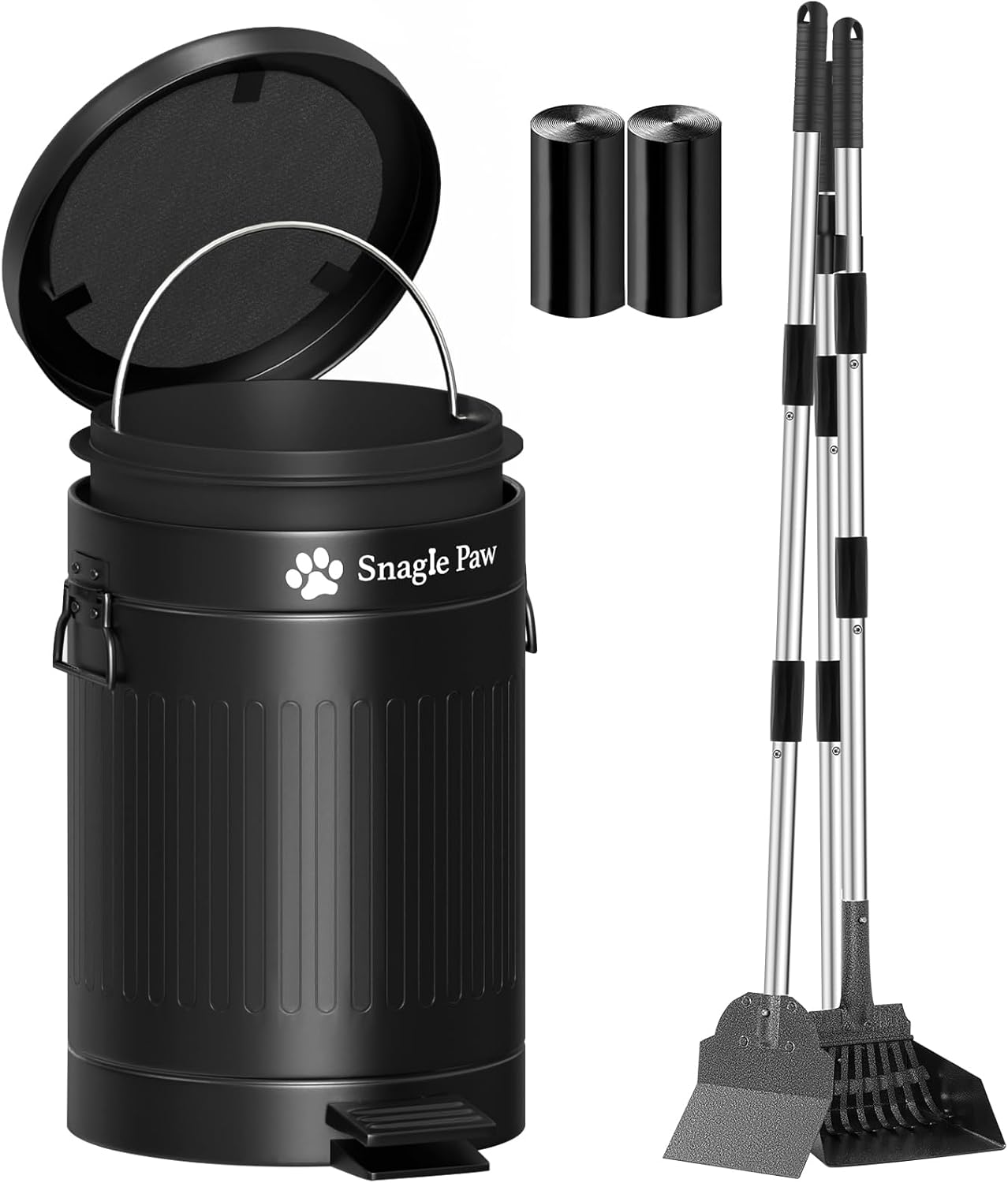 Dog Pooper Scooper for Large/Small Dogs,Snagle Paw 12L Metal Dog Poop Trash Can Outside with Odor Control Lid, 38.2" Long Handle Pooper Scooper Set with Metal Tray,Spade & Rake,Includes 40 Waste Bags