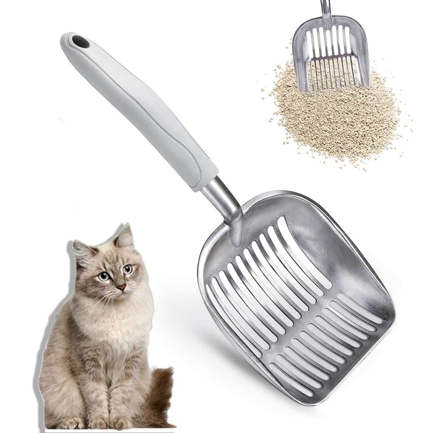 Pala de arena para gatos, pala de aluminio de alta calidad con mango ergonómico, herramienta de eliminación de residuos ligera, duradera y fácil de limpiar, color blanco