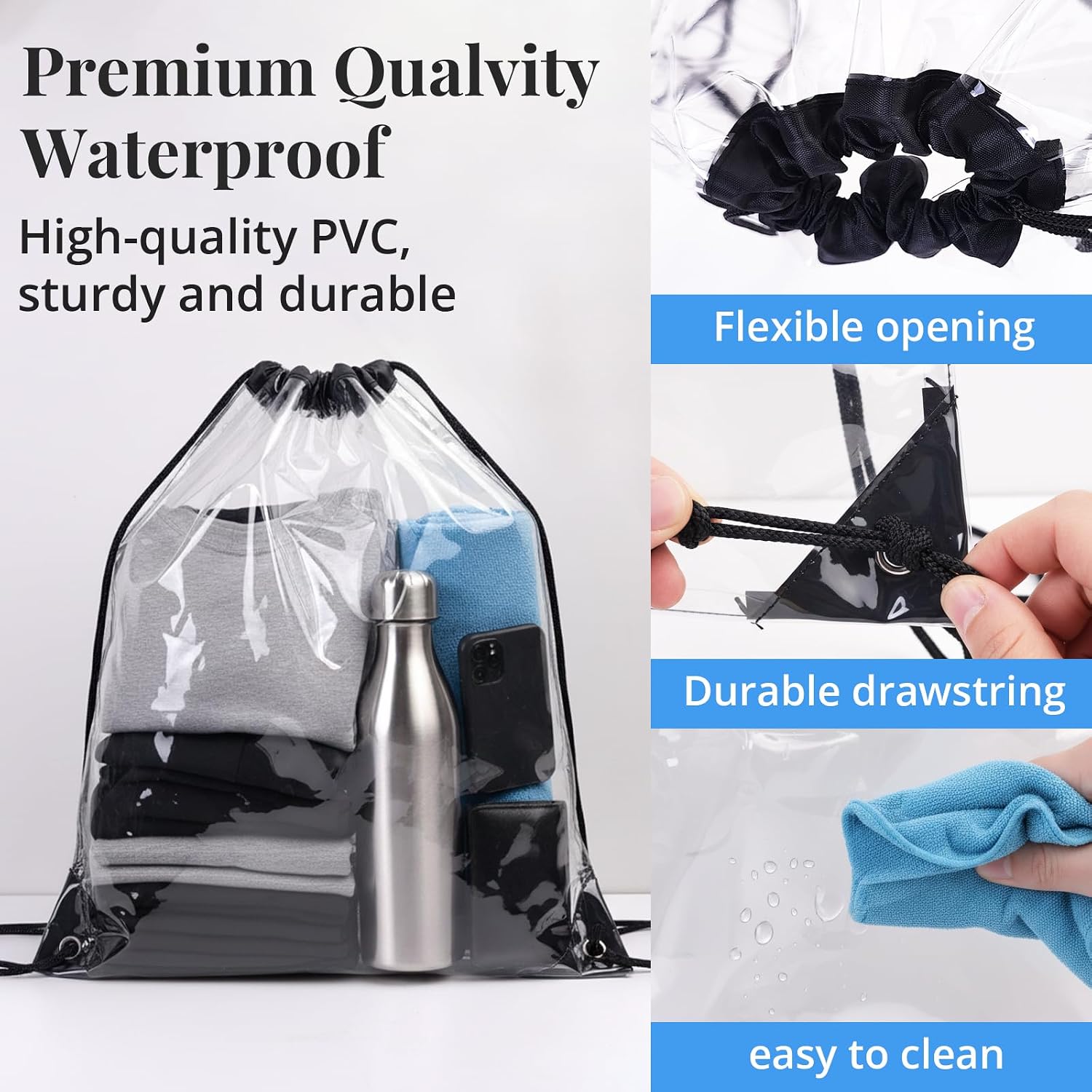 2 Pack Clear Drawstring Bag - Stadium Approved Transparent Backpack For Women And Men, Heavy Duty Waterproof PVC See Through Cinch Sack For Concert Outfits, Festival & Work Essentials