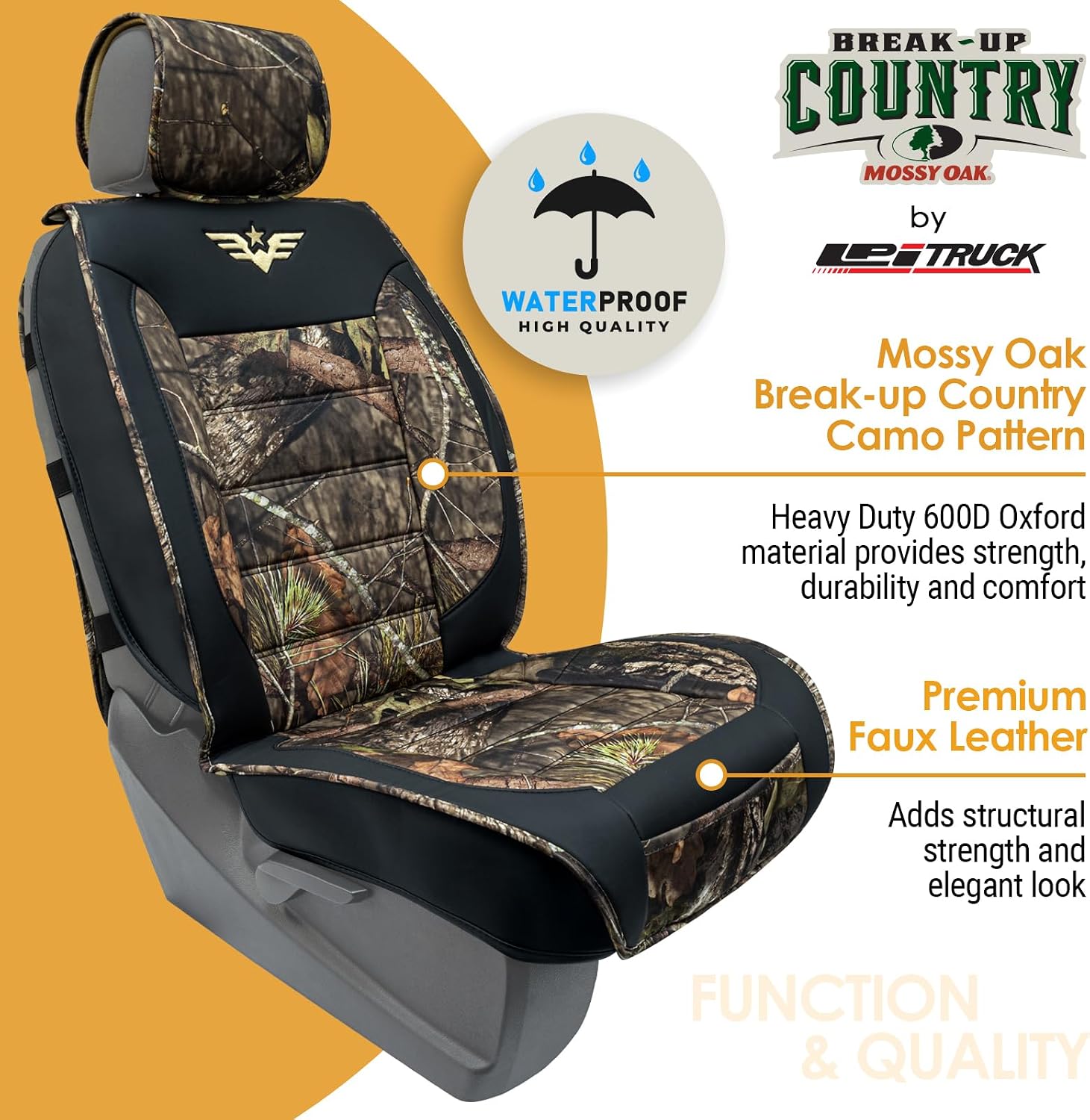 Mossy Oak Heavy Duty Premium Truck Seat Covers for Front Seats, Fits Full-Size Truck SUV, Padded Seat Cover with Bottom Wrap-around, Front & Rear Storage Pockets,Front Seat Protector, Waterproof, 2 pc