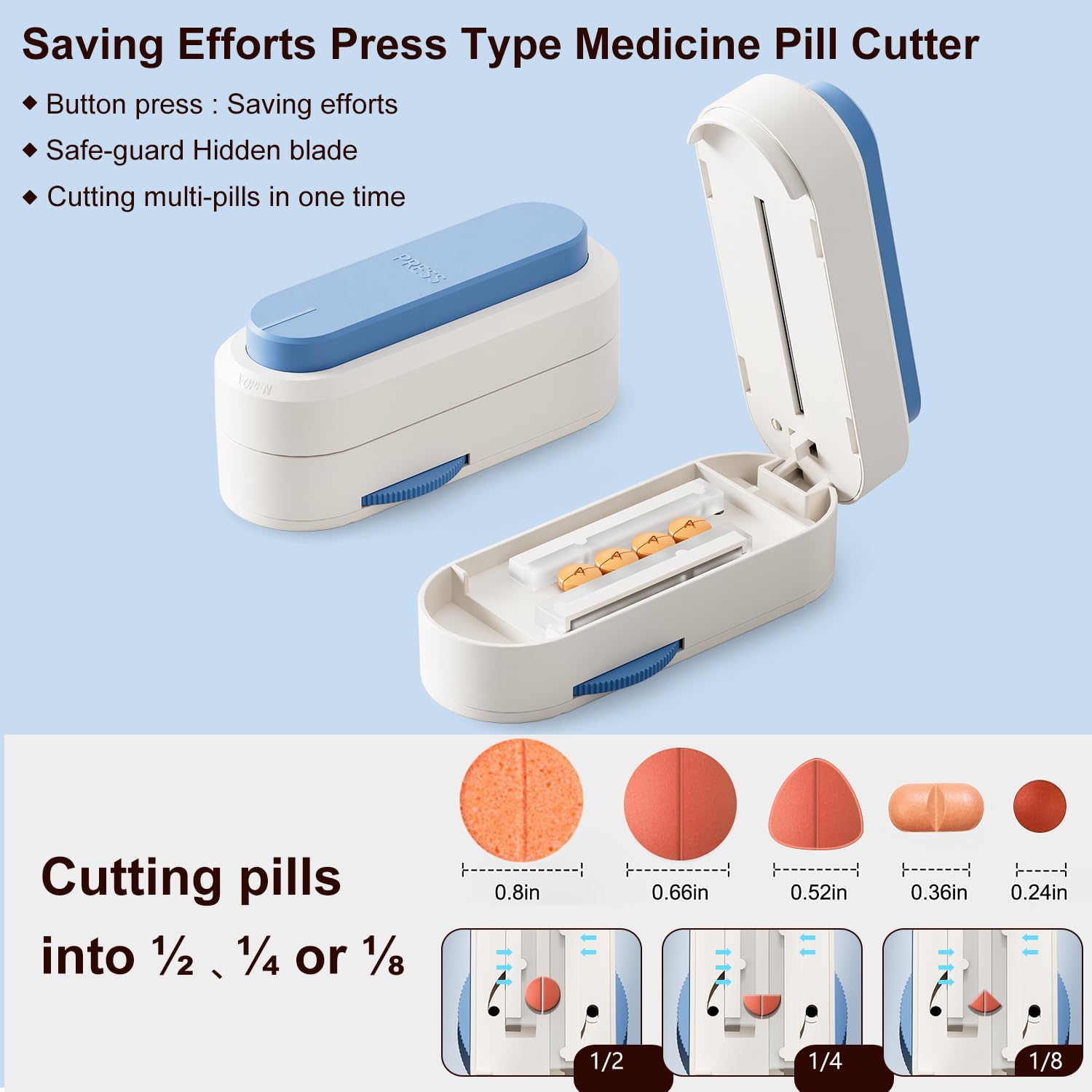 Pill Cutter Splitter for Small and Tiny Larger Pills. |ONE Button Easy Push Accurately Cuts Multiple Pills at Once. Sharp Blade with Safety Guard. Non-Slip Silicone Edge (Blue)