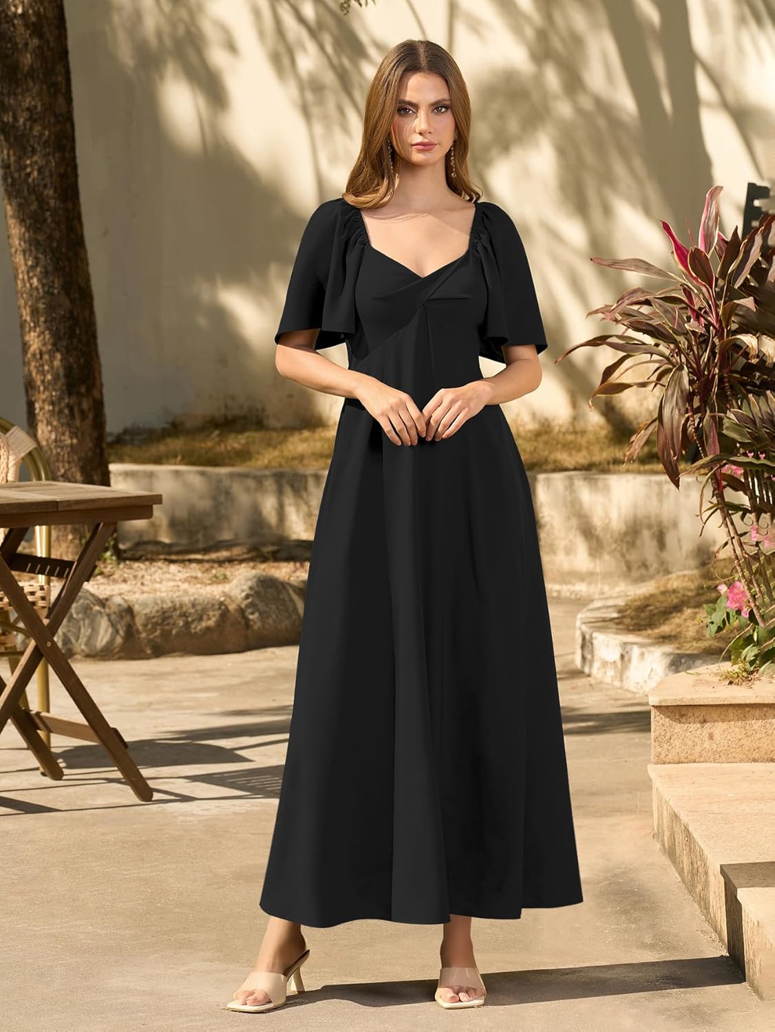 KUTUMAI Summer Maxi Dresses for Women 2025 V Neck Short Sleeve Bow Tie Flowy Long Formal Wedding Guest Dress with Pockets - Image 5