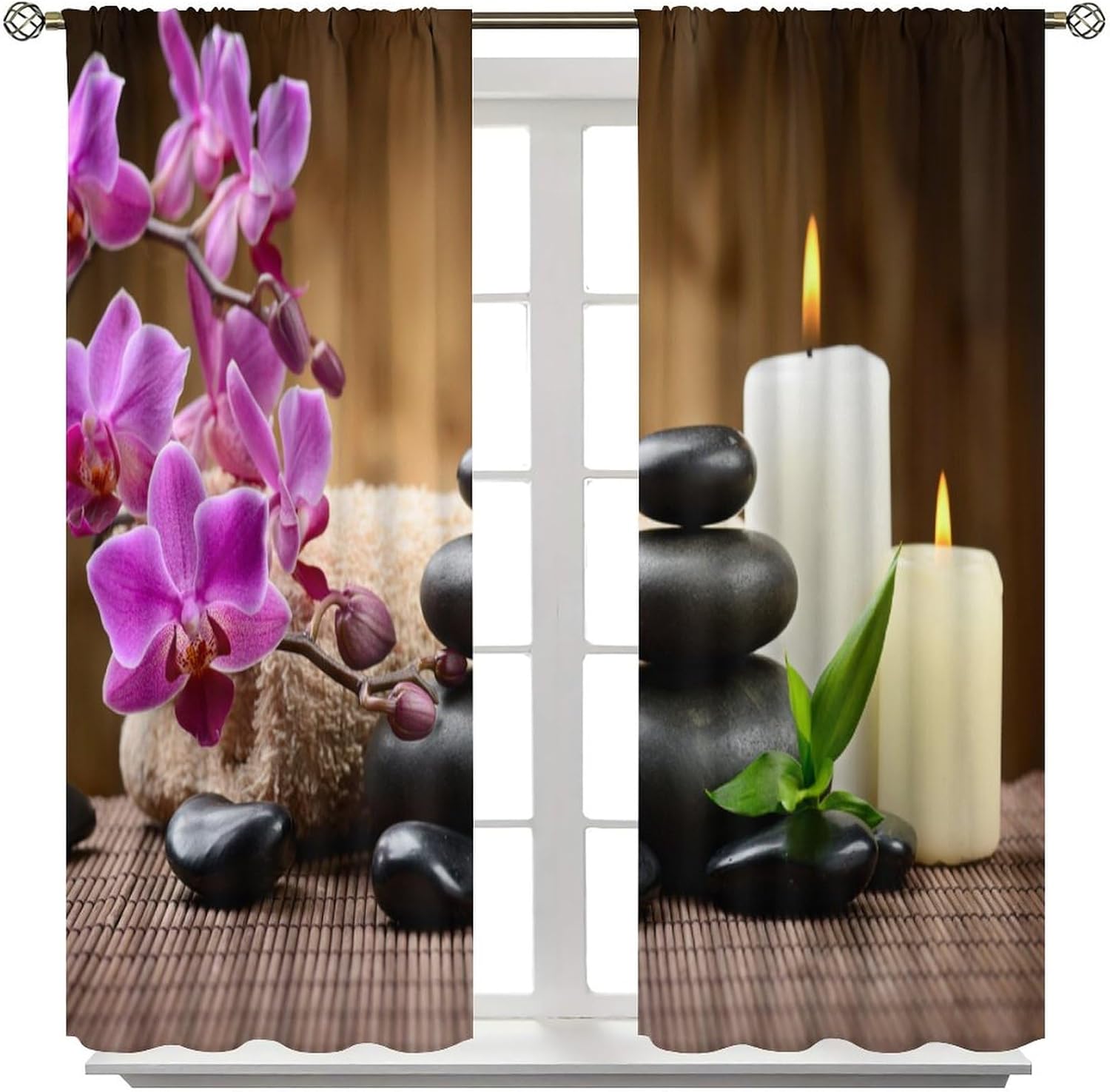 Zen Stone Curtains, Meditation Spa Relaxation Theme Brown Wooden Cabin Nature View Burning Candle and Purple Floral, Blackout Rod Pocket Window Treatments for Living Room Bedroom Bathroom 42x63in
