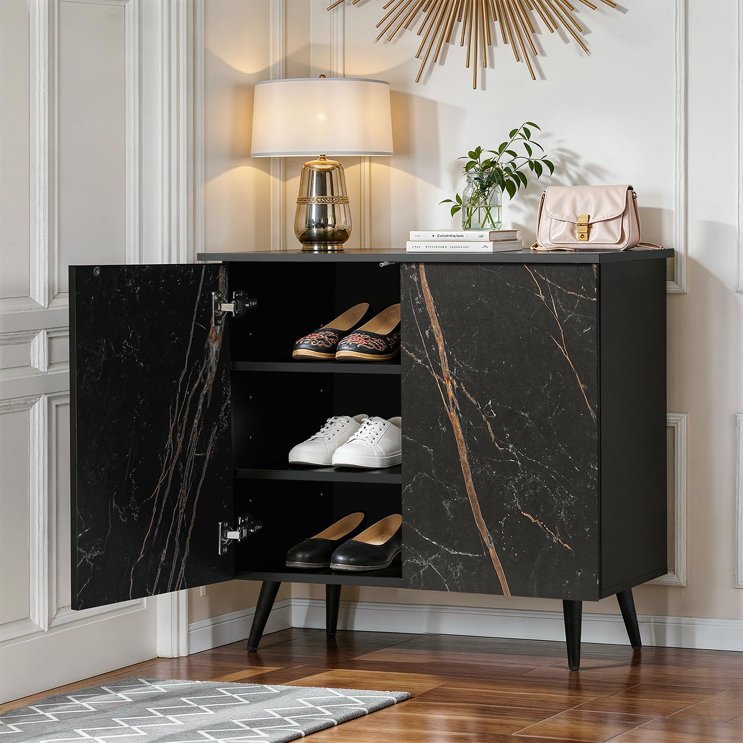 ABOUT SPACE 3 Tier Shoe Rack with Door | Press Open 2 Door Engineered Wood Shoe Stand for Home | Adjustable Shelf Raised Legs 9-12 Pair Shoes Storage Cabinet Chappal Stand |Black & Black Marble-image-36