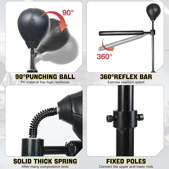 Spinning Boxing Bar 360 Speed Trainer with Two Ball, Punching Bag, Training Boxing Ball with Reflex Bar Free Standing, Adjustable Height, for Adult