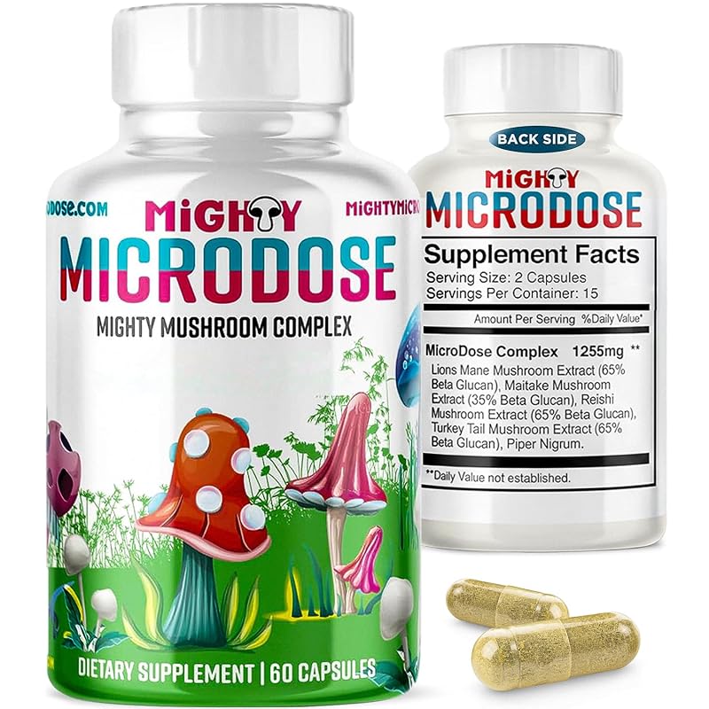 Mighty Microdose Suplemento de Cogumelos Lion's Mane, Turkey Tail, Reishi e Maitake, 60 cápsulas