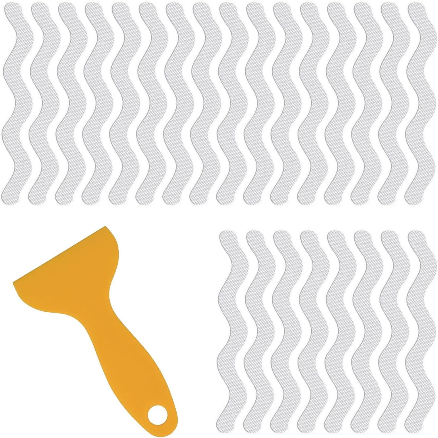 24-Pcs Clear Wave-Shaped Non-Slip Bathtub Stickers with Scraper, Peel-and-Stick Shower Treads for Kids & Elders - Removable, No-Residue (7.09×0.59 Inch Each)