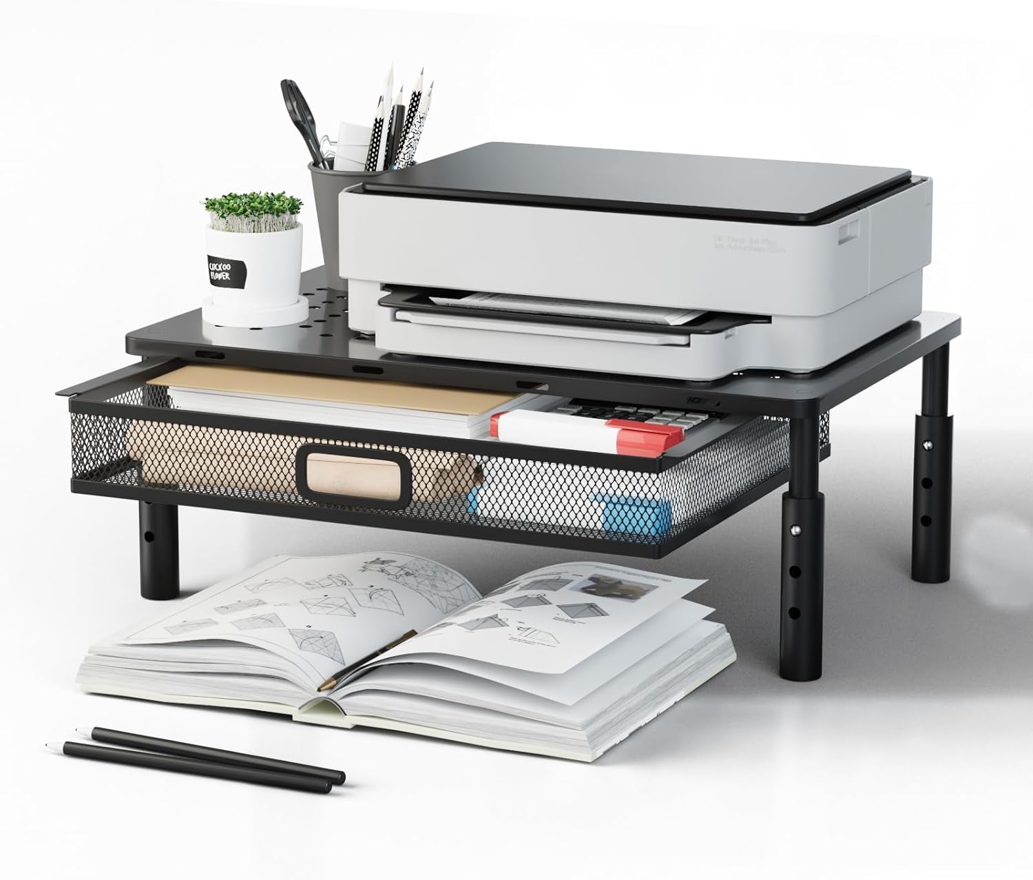 Desktop Printer Stand with Drawer,Desk Organizer for Home Office,Printer,Fax Machine,Scanner,Latop,14.57"x9.25" Black