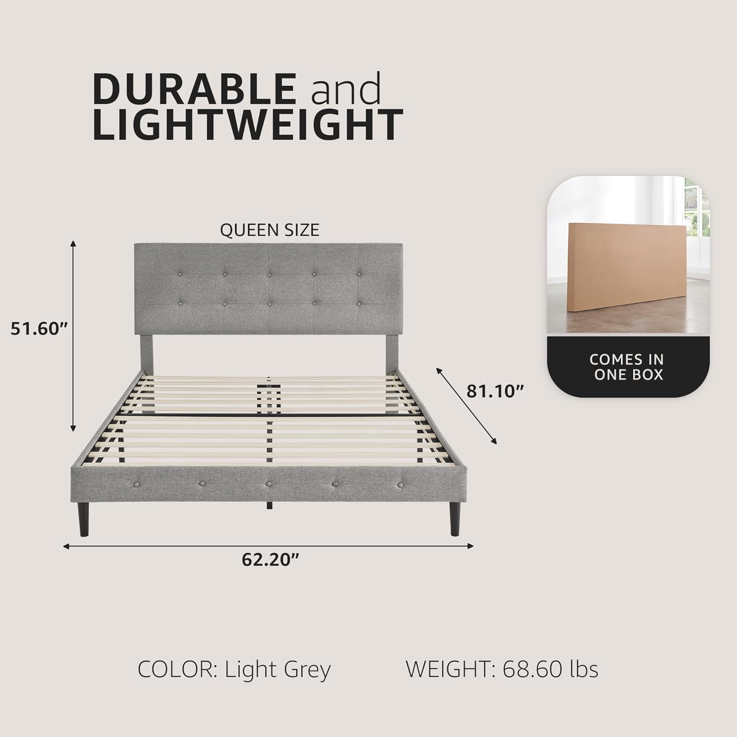 Decoro Cambridge Upholstered Wooden Platform Bed Frame with Headboard, Queen, Gray