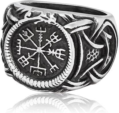 Stainless Steel Viking Runic Compass Vegivisir Ring for Men Women, Norse Pagan Jewelry Ring