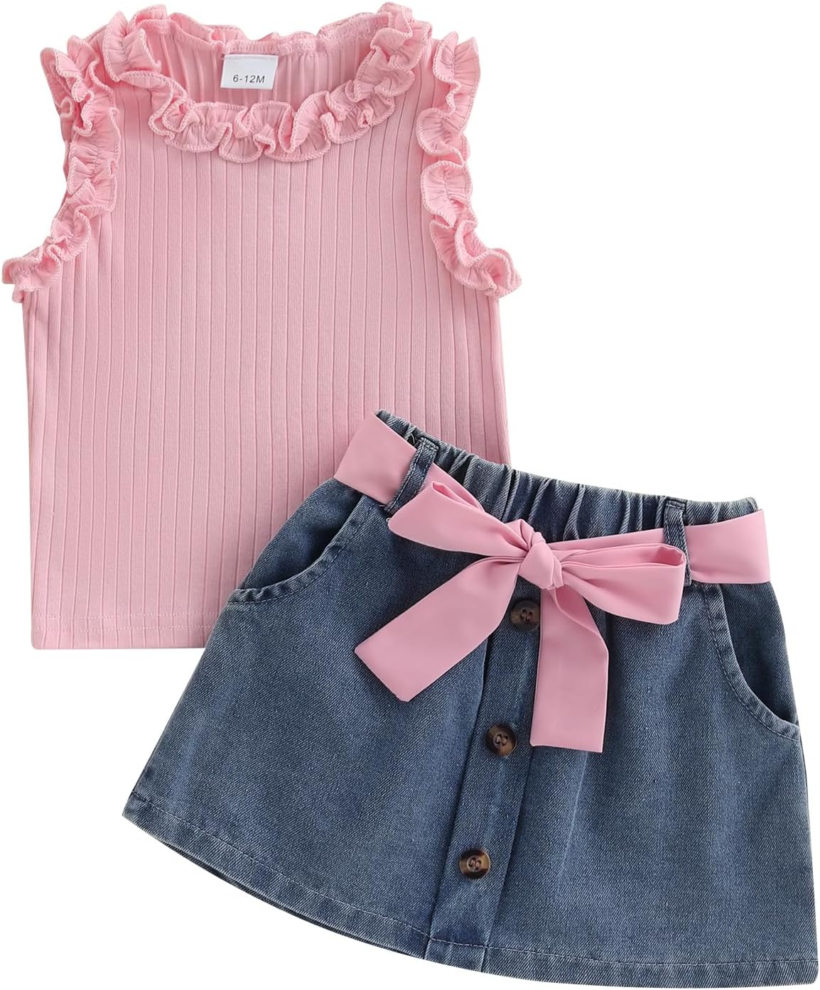 3PCS Baby Girls Ruffles Neck Ribbed Knitted Vest Sleeveless Shirt + A-line Denim Skirt + Belt Outfits Sets