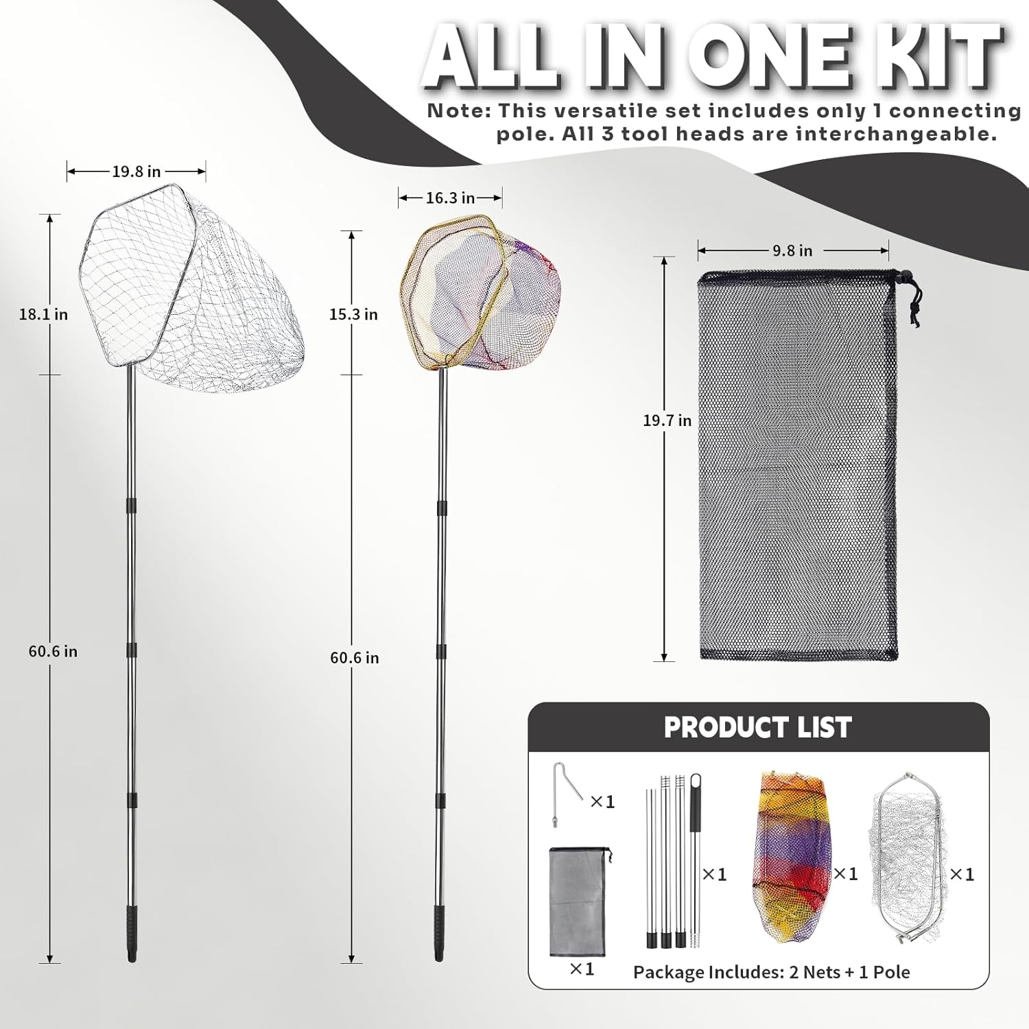 Chicken Net Catcher 3 in 1 Kit,Adjustable from 33" to 79" Chicken Catching Net Set with 2 Foldable Nets & 1 Leg Hook Replaceable.Humanely Captures for Chicken,Fish,Birds,Poultry,Cats and Animals