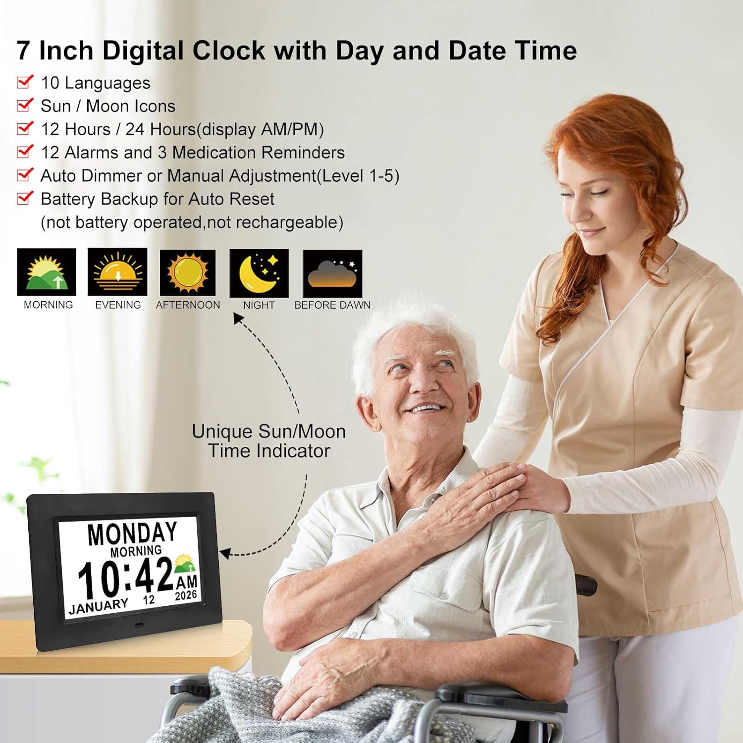 Jaihonda Dementia Clock for Seniors Digital Clock with Date and Time for Elderly-15 Alarms Level 5 Brightness Large Number Display Alzheimers Clock Calendar Day Clocks