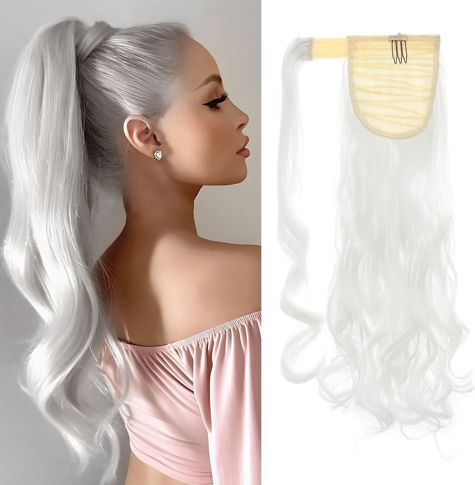 Curly Pony Tail Hairpiece Clip in Hair Extensions 17inches Wrap Around Ponytail Long for Women (White)