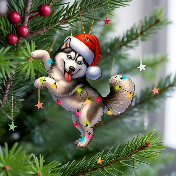 2-Sided Printed Funny Husky Wooden Christmas Ornaments, Keepsake for Women, Men and Friends, Husky Dog Christmas Tree Hanging Decorations