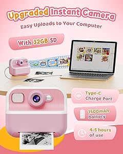 Instant Camera, Front Rear Dual Selfie Kids Camera with 1080P Videos, Holiday Birthday Gifts for Kids Age 3-12, Toddler Portable Travel Print Digital Camera Toy for 4 5 6 7 8 9 Year Boys Girls