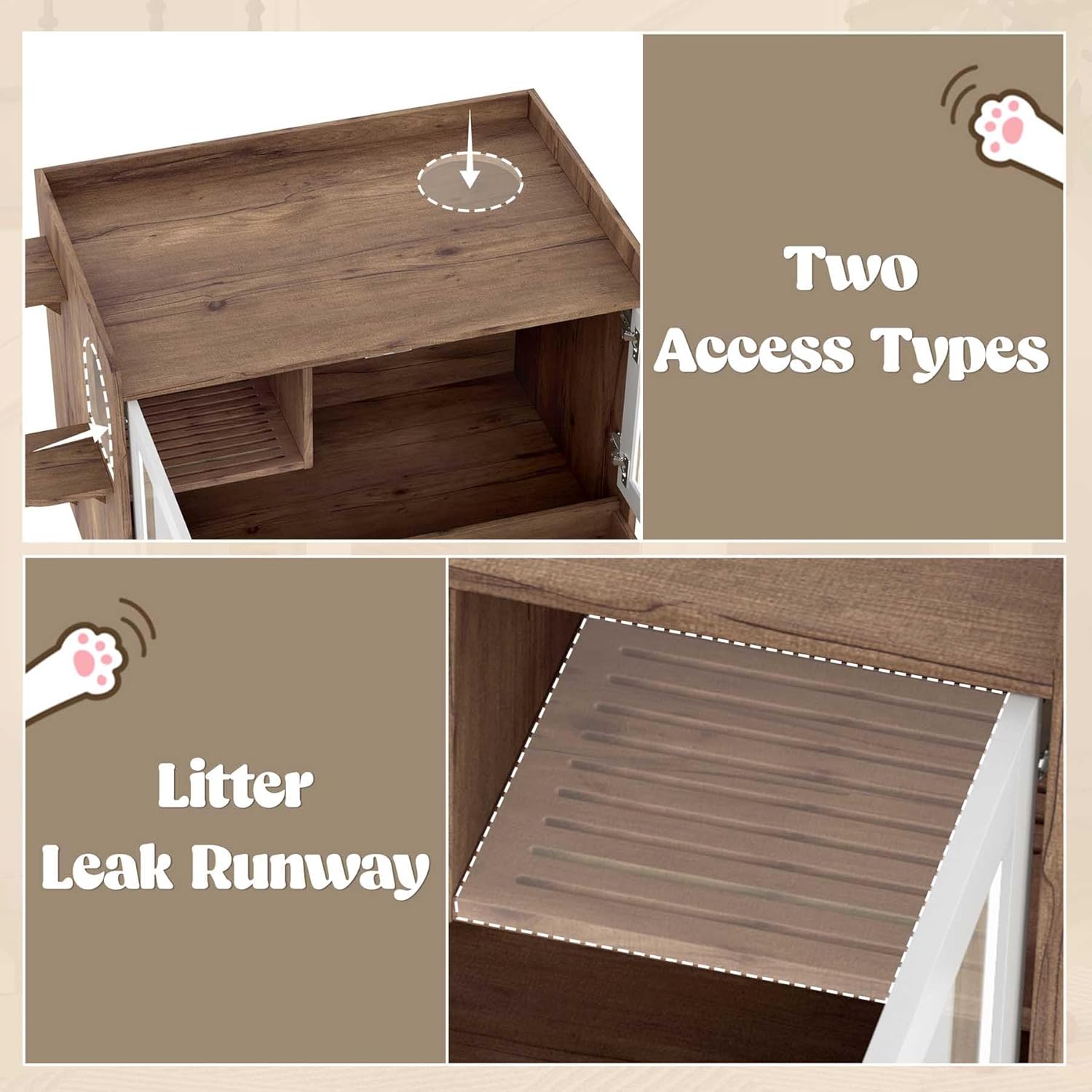 43” Cat Litter Box Furniture with LED, Hidden Litter Box Furniture with Storage & Side Table, Enclosed Wood Cat House, Farmhouse, Suitable for Living Room Bedroom, Easy Assembly (Brown)
