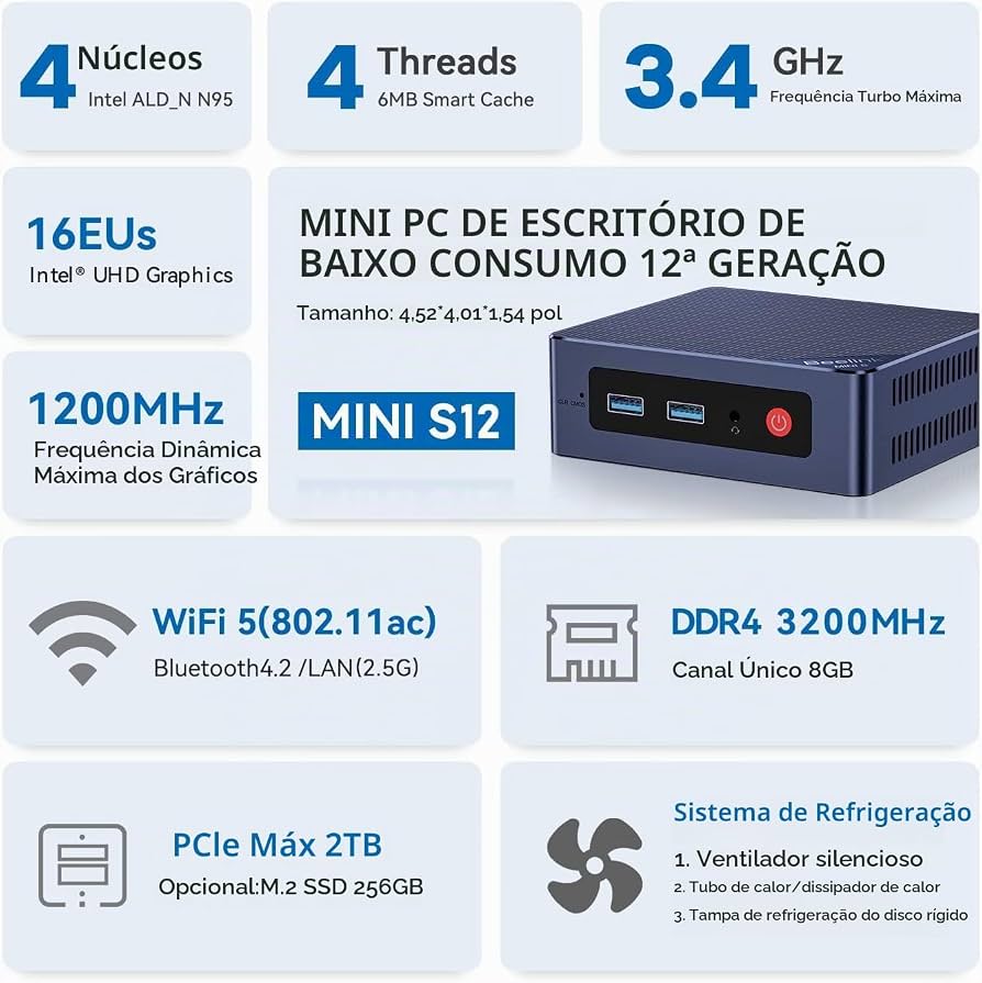 Beelink Mini PC Intel 12th N95 (até 3,4GHz), 8GB DDR4 256GB SSD
