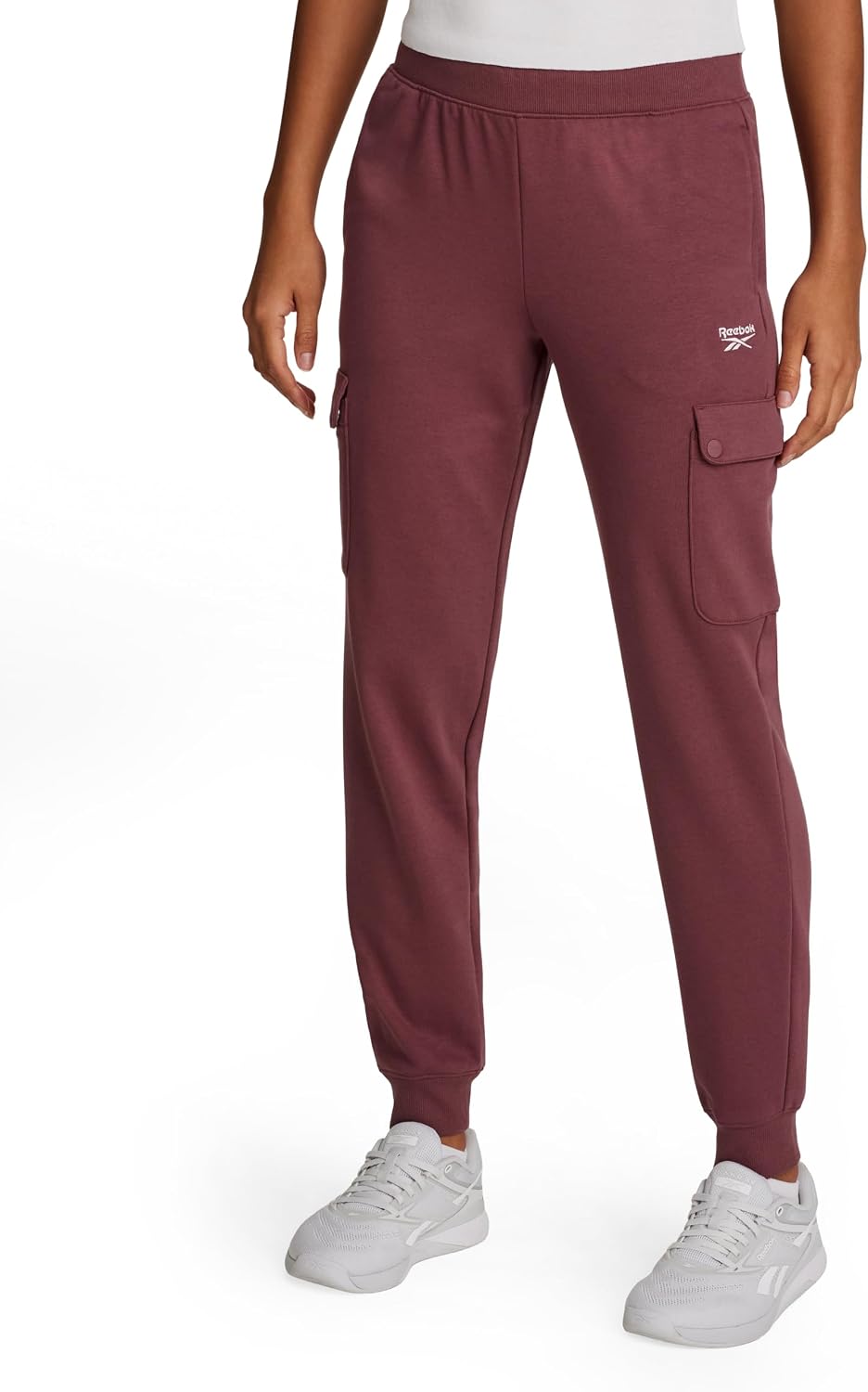 Reebok Women's Cargo Joggers, Standard Fit, 29” Inseam, Lightweight Cotton-Poly French Terry Fabric