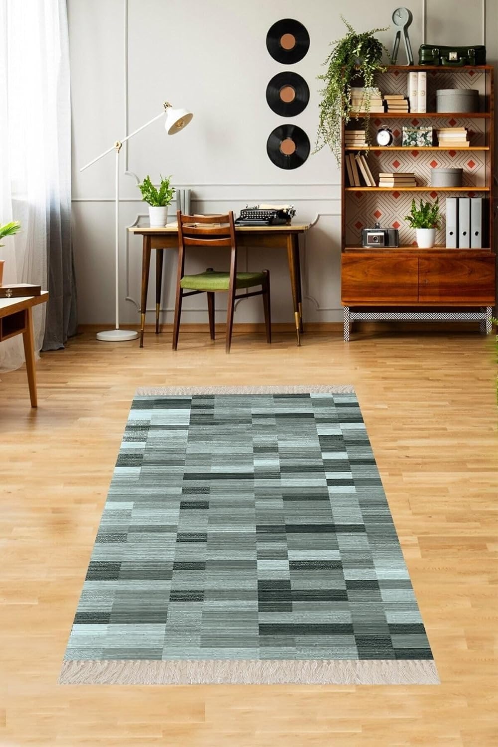 Pelangi Renk Bloklu Geometrik Geçişli Dijital Baskı Yıkanabilir Kaymaz Taban Salon Halısı Ve Yolluk Turkuaz, Petrol Yeşili 80 x 400