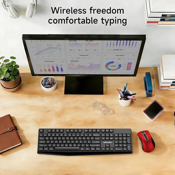 memzuoix Wireless Keyboard and Mouse Combo, 2.4G Full-Size Ergonomic Set with 1400 DPI Mouse, Lag-Free USB Receiver, 6-Month Battery Life for PC/Laptop/Windows/Mac (Black Keyboard + Red Mouse)