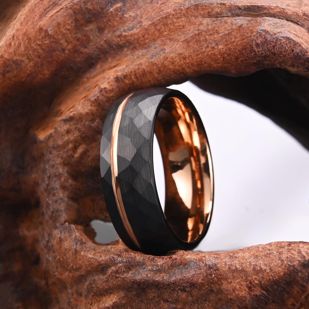 Tungsten Carbide Rings for Men Women 8mm Black Hammered Men's Engagement Wedding Bands Rose Golden Groove Matte Brushed Comfort Fit - Image 5