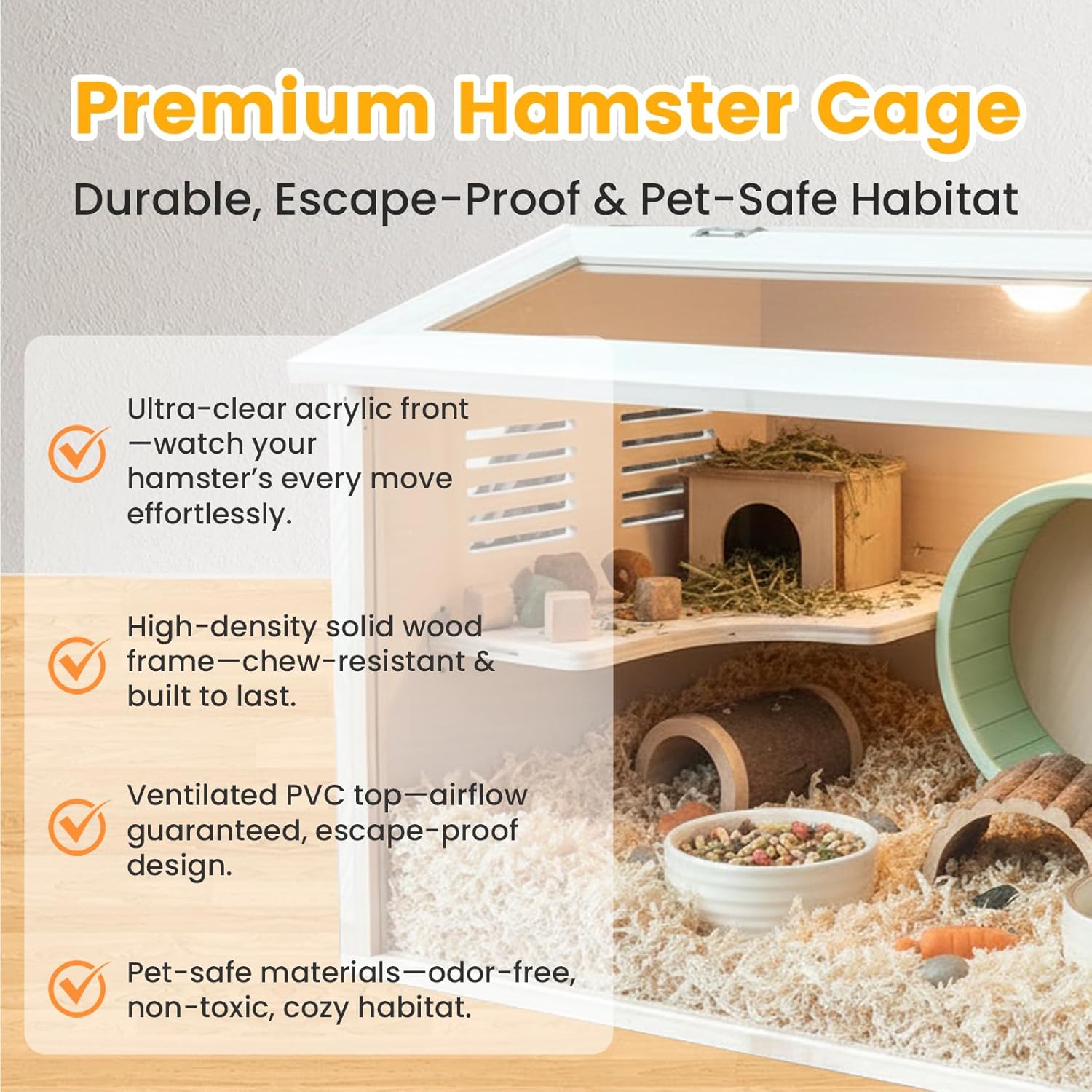 Wooden Hamster Cage Chewproof, Large Hamster Cages and Habitats, Small Animal Habitat with Openable Acrylic Sheet for Gerbil, Degus Mice, Guinea Pig, Rat& Other Small Pets（23.62in）