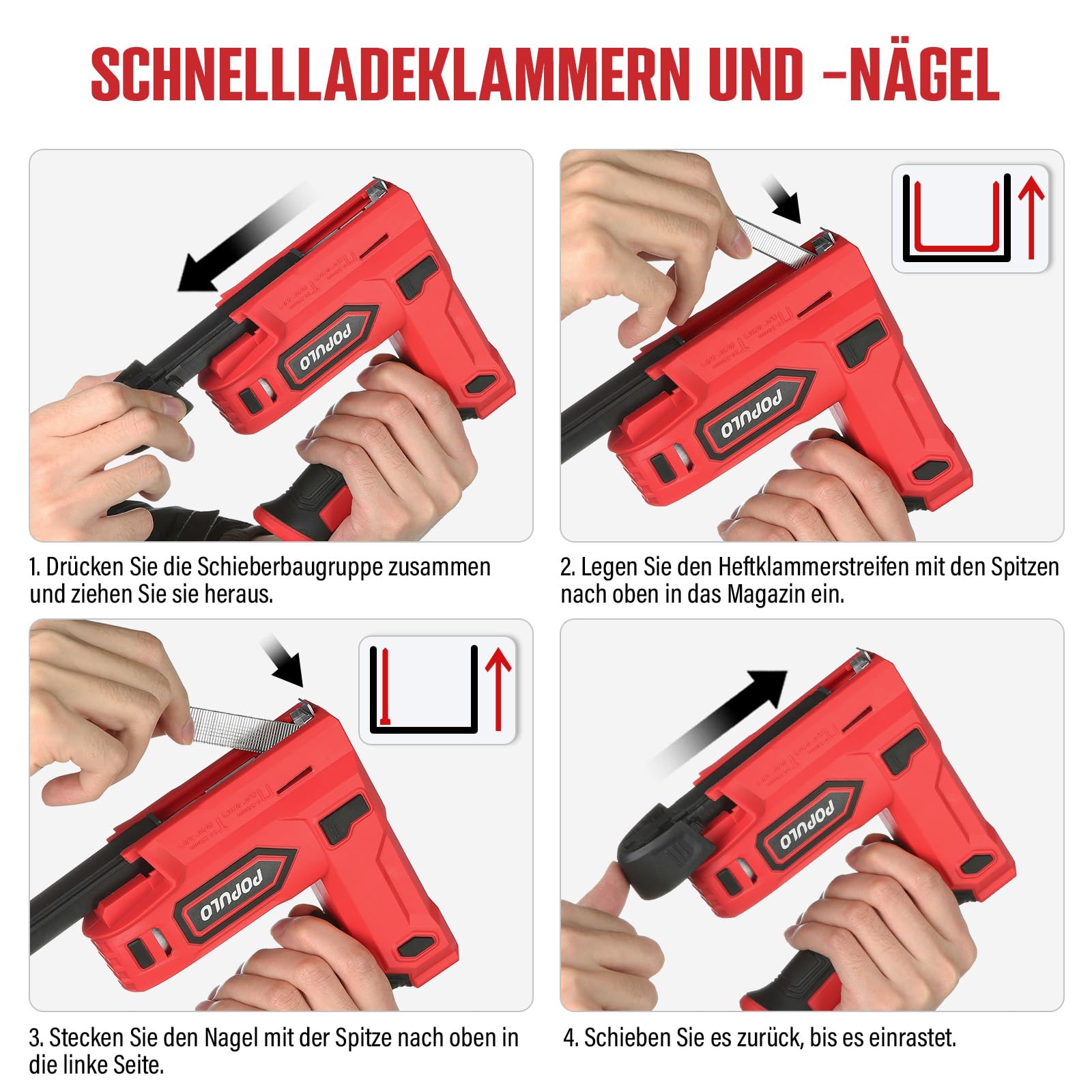 POPULO Akku Tacker, 2-in-1 Lithium-Ionen-Heftgerät, 4V Nagelgerät Set Mit Ladekabel, 1600 Heftklammern & Nägel, Power-Tacker für Bastelarbeiten, DIY und Polsterarbeiten