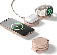 OntheGo™ 3 in 1 Wireless Charger, Qi2 Portable Charger with 15W Fast Charging for iPhone 17 to 12 series, 5W for Apple Watch, and 5W for AirPods, Magnetic Travel Charging Station – Desert Rose