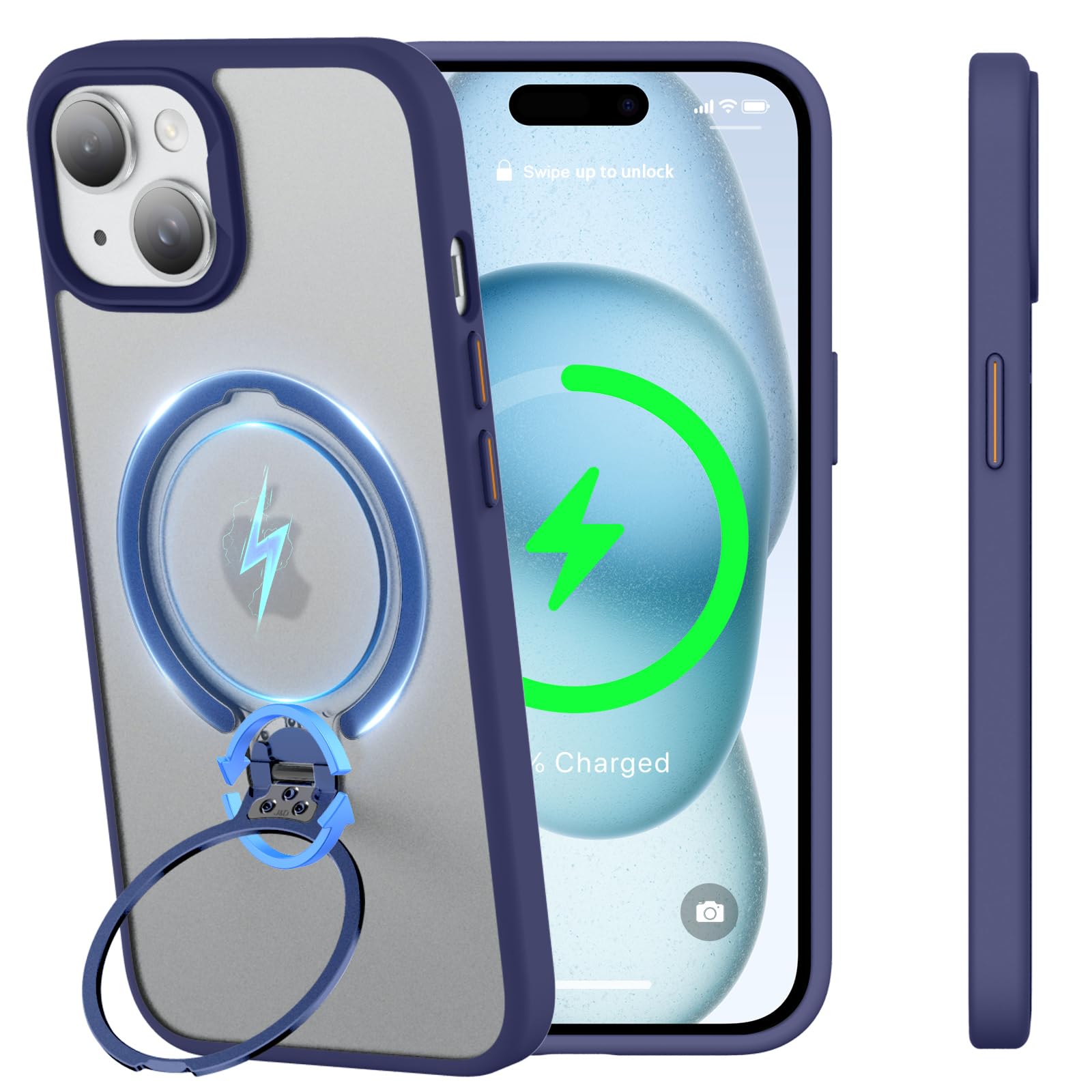 360° Rotatable Stand Compatible for iPhone 15 Plus Cases with Magnet [Adjustable Kickstand][Military Grade Drop Tested] Double Magnetic Ring Translucent Slim Hard Back Soft Edge, Blue