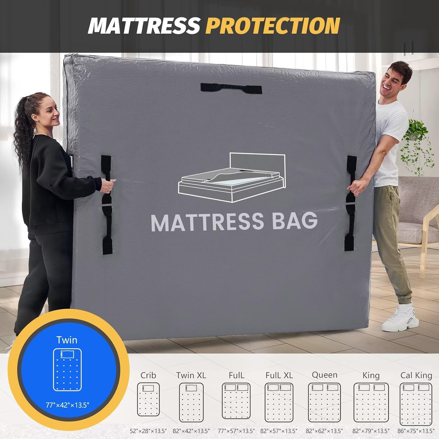 Mattress Bags for Moving and Storage, BETU Twin Mattress Protector Waterproof Mattress Cover with 8 Heavy Duty Handles and Zipper Extra Thick Moving Supplies for Dorm Bed (2 Pack:77x42x13.5 Grey)